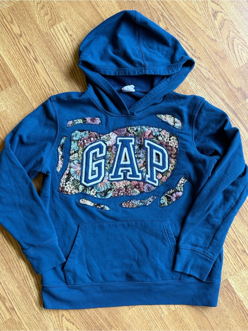 GAP Teal Blue Upcyled Hoodie Floral Logo Appliqué Tapestry Unique Sz S